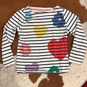 Mini Boden Long Sleeve Navy Striped Tee with Colorful Hearts and Flowers, 3T